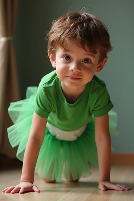 A teenage boy with brown hair and heterochromic eyes is doing push-ups. He wears a green t-shirt, a green tutu, and a white diaper. He is in a playful position on the floor.