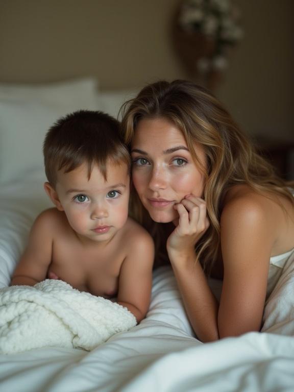 A woman and a boy lying on a bed. The boy is looking directly at the camera while the woman rests her chin on her hand. The image has a low-resolution quality with slight pixelation. Colors appear bright and slightly unnatural, reminiscent of early Instagram filters. The scene conveys a cozy, intimate vibe with a focus on their expressions.