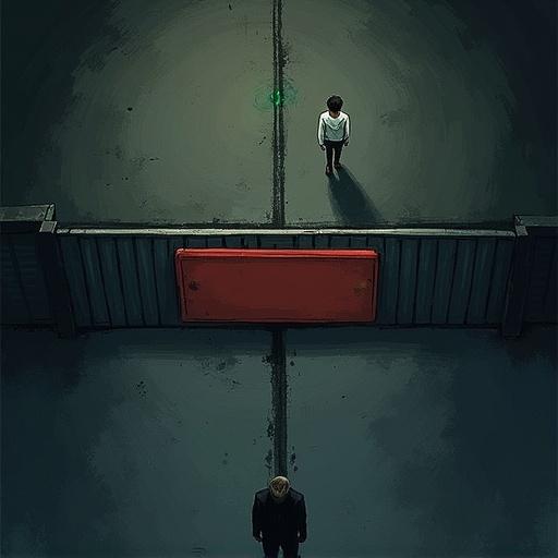 Top-down nighttime scene of a metal gate dividing two areas. A thick black border runs horizontally across the middle. Above the line a small boy in white outfit, below the line a man in black clothing. A red metallic gate is at the center. The scene is dimly lit with subtle shadows.