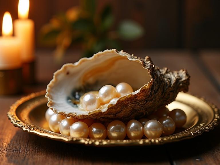 A baroque oyster rests on a gold platter. Pearls spill out of the oyster shell under soft candlelight. The scene reflects Rococo elegance with a touch of pastoral charm.