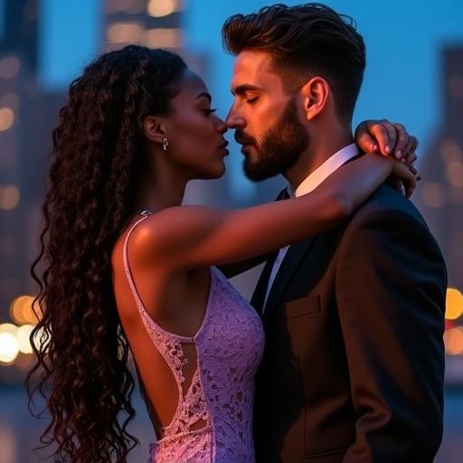 Photography shows a romantic scene of a couple in an embrace. Woman of biracial descent wearing a lavender dress. Man is Greek and sharply dressed in a suit. Background is blurred downtown Chicago at night. Soft, warm light enhances the scene.
