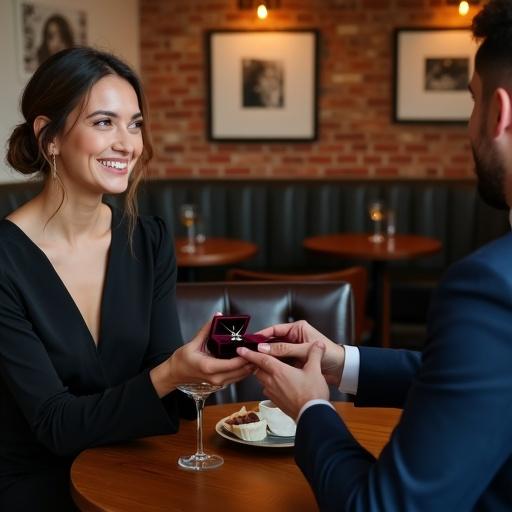 A woman in an elegant black dress receives a small velvet jewelry box from a man in a navy suit. They sit at a round wooden table in a warmly lit café. The woman's hands reach for the box containing a silver necklace. She smiles gently, eyes moist. The background has exposed brick walls with framed black and white photos. Brass pendant lamps cast a golden glow. A half-empty wine glass and dessert plate are on the table.
