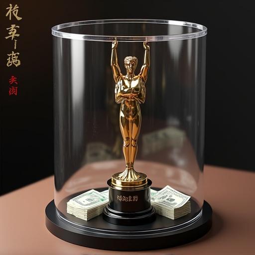 Tall round transparent acrylic display stand. Height about 100cm, diameter about 40cm. Black velvet cloth on surface with transparent dustproof cover. Features exclusive actress trophy engraved with logo and name. Stacks of cash and autographed photo of actress included.