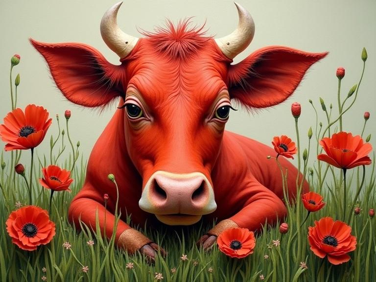 Whimsical and surrealist painting showing a vibrant red cow with large eyes in a meadow. Cow is lying among poppies. The background is muted and dreamlike. Textures include newspaper, jute, wood, and origami. Soft shading and flowing brushstrokes add to the scene.