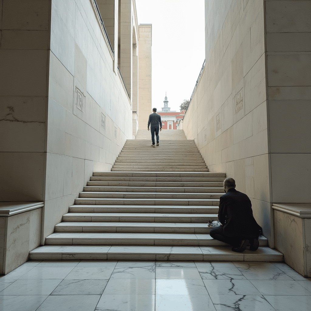 A person ascends wide stone steps towards a distant building, while another person sits at the base of the stairs in contemplation.