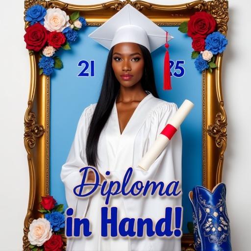A beautiful Black woman in a white graduation cap and gown stands proudly. She has sleek, straight hair and holds a rolled diploma. The background features an ornate gold picture frame decorated with blue, red, and white flowers. The year '2025' appears in bold letters above her. The phrase 'Diploma in Hand!' is written below in large text. Elegant blue embroidered cowgirl boots are beside her.