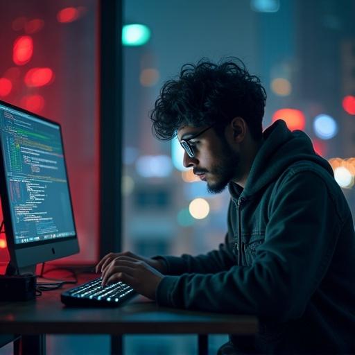A programmer working late at night. He is coding on a computer. The environment is filled with ambient light from the screen. Focus on the coder's actions and engagement with technology.