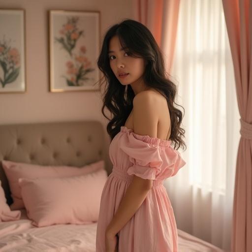 Photo of a young woman in a pastel pink off-shoulder dress. Cozy bedroom setting with soft lighting and decorative elements.