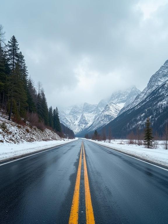 Atmospheric image of a deserted highway leading into misty mountains. Snow covers the ground along the sides of the road. Overcast sky with soft light enhances serenity. Horizontal perspective captures depth.