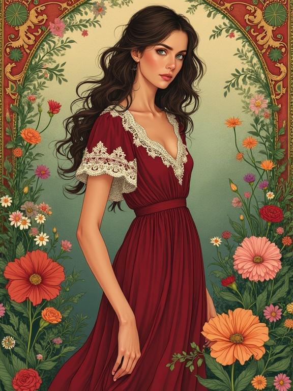 An Art Nouveau illustration inspired by Alphonse Mucha featuring a woman in a burgundy dress amidst vibrant flowers. She has wavy dark brown hair and rich green eyes. The background is filled with stylized flowers and vines enhancing a dreamlike atmosphere. The image uses soft warm light to highlight delicate details.