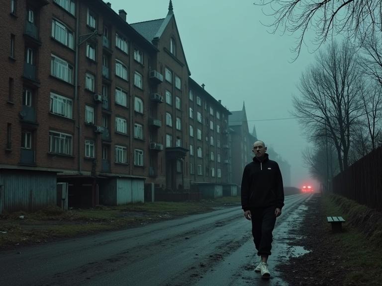 A thin man walks along a wet dirt street. The street is muddy with garbage. The background shows a high Soviet panel apartment building resembling a Gothic cathedral. The building has rough brick columns. There are shabby balconies with satellite dishes. Old green benches are nearby. The scene is at night with fog and an eerie reddish glow. The atmosphere is frightening and depressive. The photo has a grainy quality reminiscent of the 1990s.