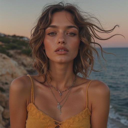 Portrait of a young woman with wavy hair wearing a mustard yellow top. She has a natural makeup look, and layered necklaces. Soft warm lighting enhances her features with a blurred, serene background.