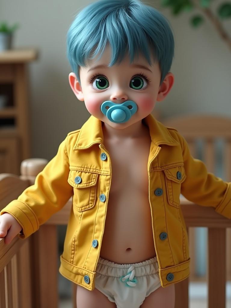 Seven year old British boy with short blue hair in yellow denim jacket. Boy is smiling and stands in a playpen. He wears diapers and has a pacifier.