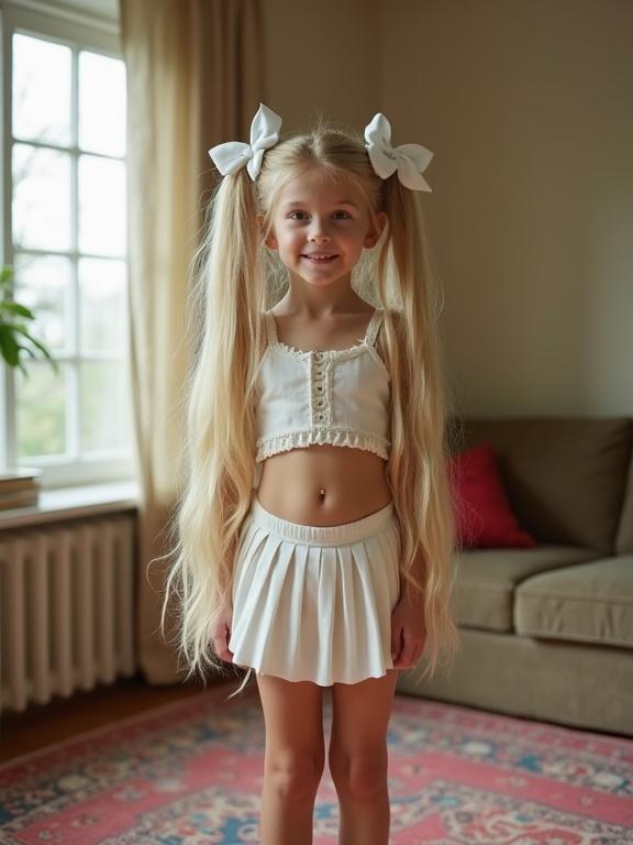 Young girl with long blonde hair styled in twin tails wearing white bows. Dressed in a crop top and pleated micro skirt. Smiling in a living room with a sofa and colorful rug.