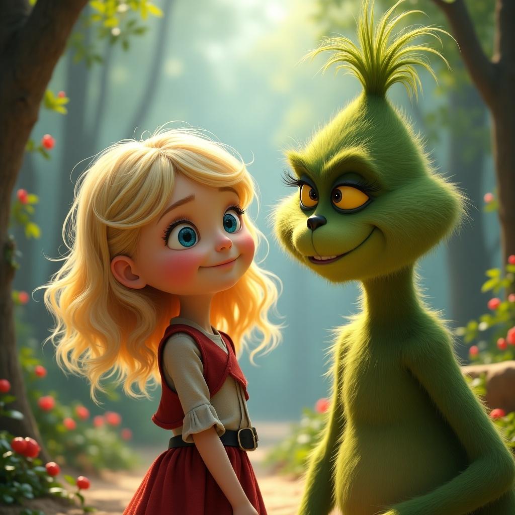 The image depicts a whimsical scene featuring a girl with blonde hair and blue eyes standing beside the Grinch. The girl appears cheerful and curious, while the Grinch exudes a playful charm. They are surrounded by a lush, green forest setting, filled with vibrant colors and soft lighting. The characters' expressions convey a sense of adventure and friendship. This enchanting moment captures the essence of a fantastical storybook where unusual friendships blossom.