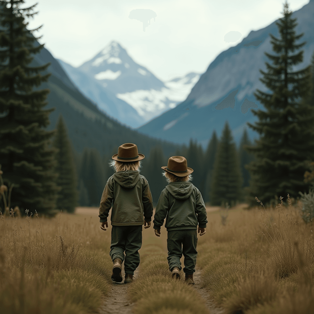 Two children walk through a picturesque mountain landscape wearing matching outfits and hats, evoking a sense of adventure.