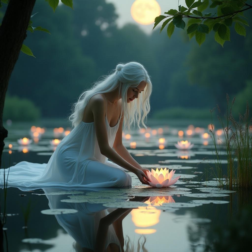 A water nymph bends over a moonlit pond. She collects glowing water lily blossoms. The nymph has long flowing white hair. Her white dress drapes over the water. The pond is surrounded by trees. Warm light emanates from the lilies. Tall grass and reeds are visible on the pond bank.