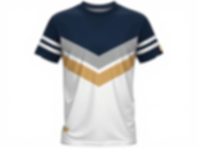 Generate a realistic image of a short-sleeve crew-neck t-shirt. The t-shirt features a two-tone design with navy blue on top and white on the bottom. A V-shaped band in light grey separates the colors with thin white stripes above and below. Sleeves have matching grey bands with white stripes. The text 'your name' is angled across the chest in yellow. Background is plain white.