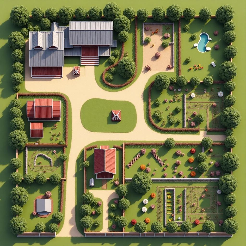 Detailed layout of a 15-acre farm with diverse animal enclosures and landscaping. Northern cow shed 40x60 feet with metal roof. Adjacent 2-acre pasture with pond. Vibrant red chicken coop 20x30 feet surrounded by 1-acre run. Two 1.5-acre grazing areas for sheep and goats with wooden shelters. 1-acre duck habitat with pond near vegetable gardens. Pigs in secure 1-acre pen. Rabbit hutch 10x10 feet with enclosed run. Farmhouse 1,500 square feet with three bedrooms and two bathrooms. Backyard retreat 1 acre with seating area and garden beds. 2-acre fruit tree orchard with diverse trees. Pathways with wildflowers connect all areas.