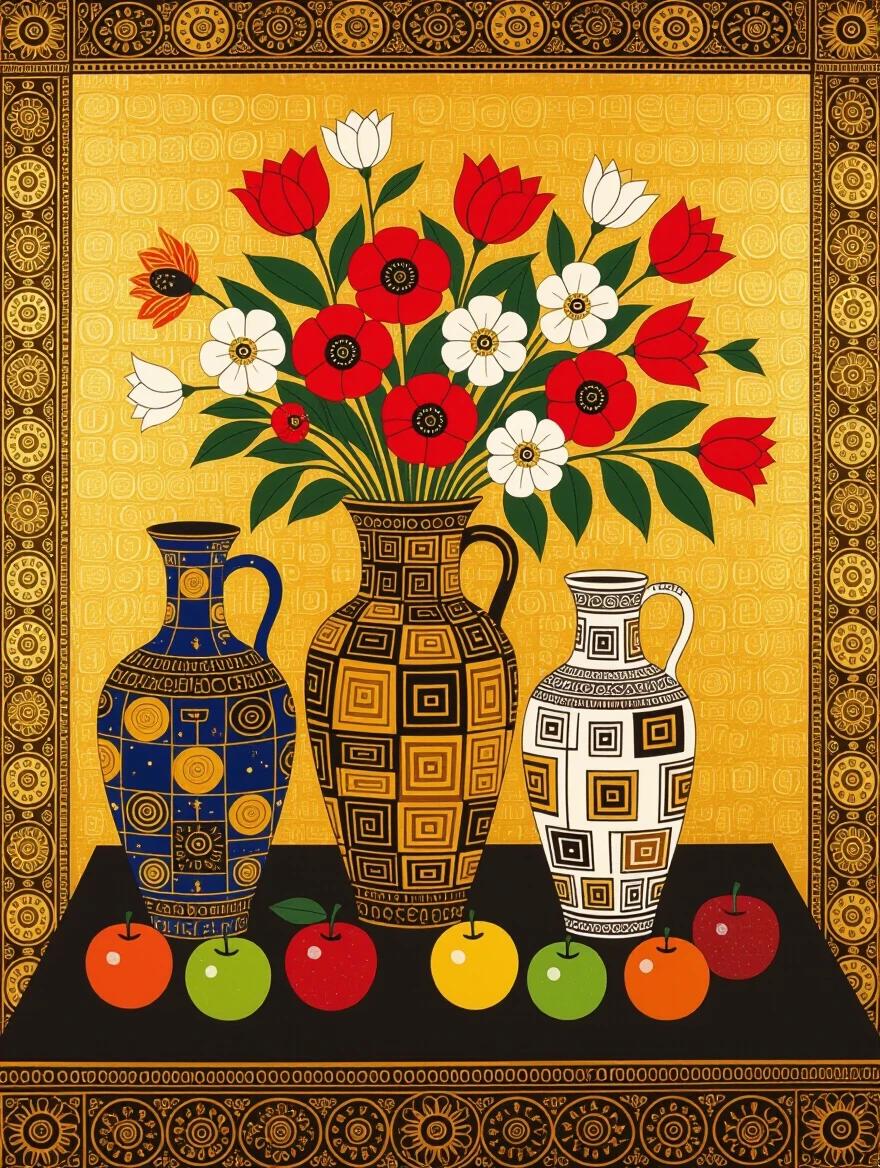 A decorative still life composition inspired by Gustav Klimt. The artwork features vases filled with flowers of various colors. The vases display intricate geometric designs. A variety of fruits are arranged on the table. The background is filled with a flat gold color and ornate border patterns. Warm lighting accentuates the decorative elements.