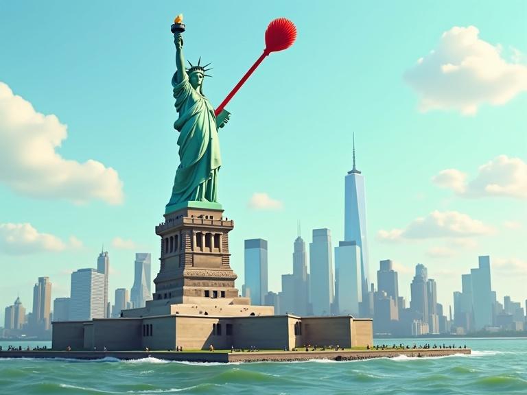 Surreal digital artwork depicting Statue of Liberty in New York Harbor holding a large bright red plunger instead of torch. New York City skyline in background with clear sunny sky. The Statue retains iconic pose with a bemused expression.