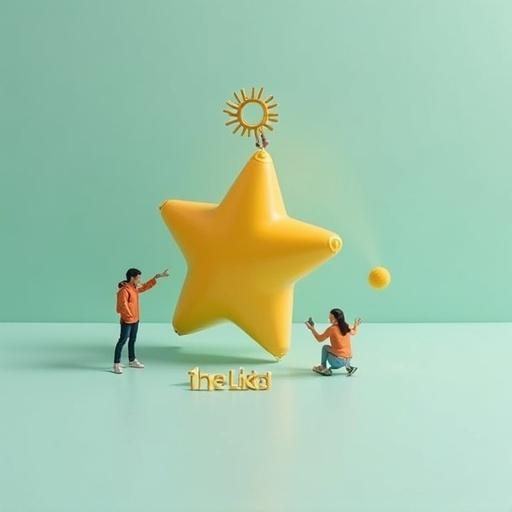 Creative 3D advertisement featuring a surreal yellow star with a matching background. Includes miniature persons engaging with the star. Real slogan displayed below and logo at the top. Minimalistic and clever approach.