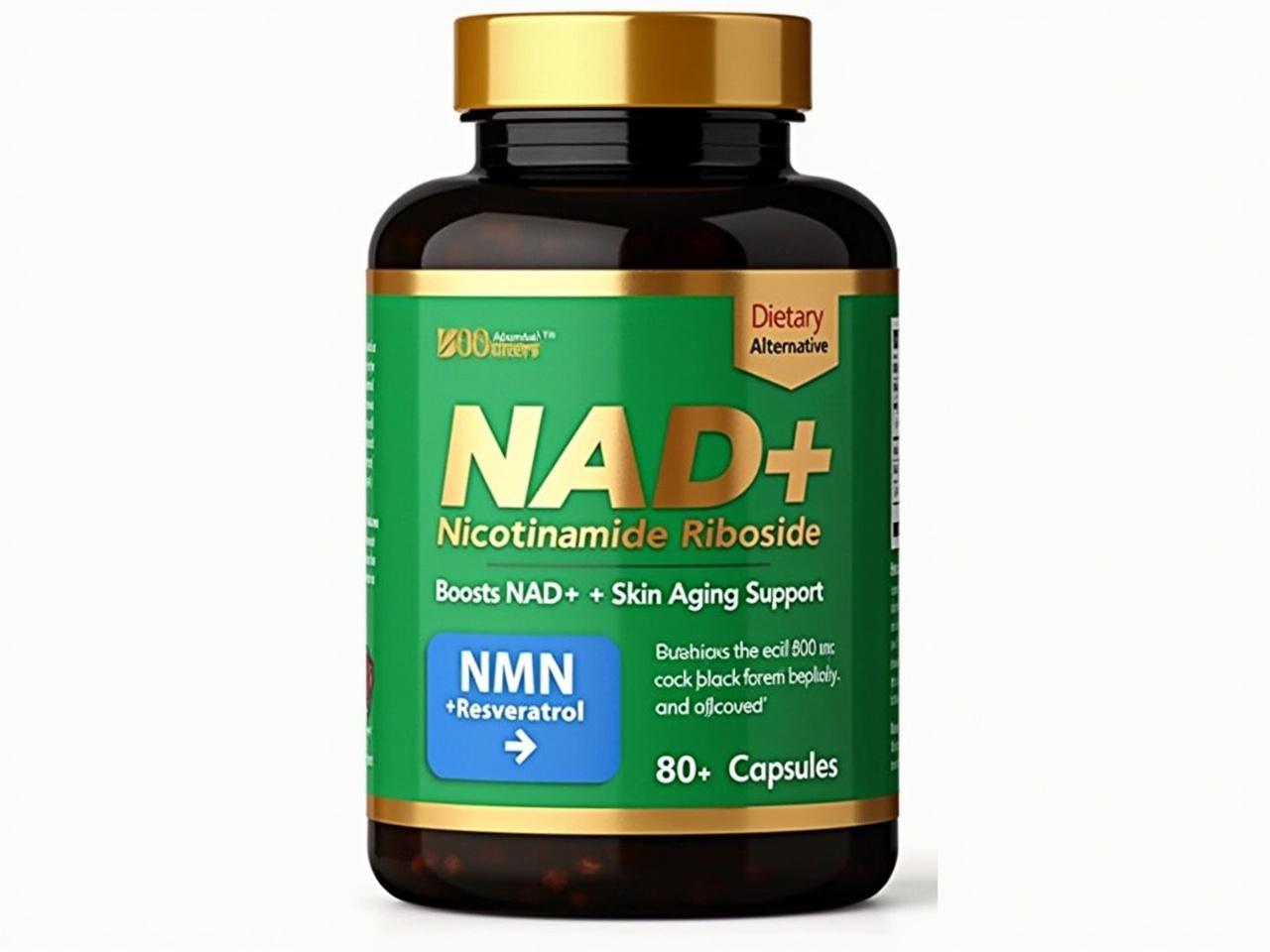 A dietary supplement jar with a vivid color scheme. The jar is dark green with a golden lid. It features bold text stating "NAD+ Nicotinamide Riboside" and highlights details such as "900 mg" and "Boosts NAD+ | Skin Aging Support." The label displays a blue box with "+ Resveratrol" prominently. There is also a sticker indicating "NMN Alternative." The jar contains 80 capsules, emphasizing its health benefits.