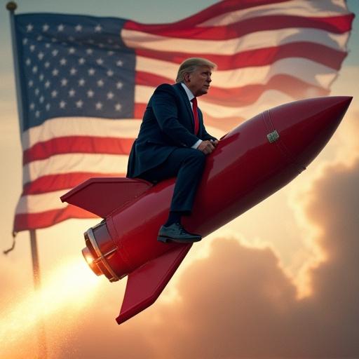 American President rides a red rocket in front of a waving American flag