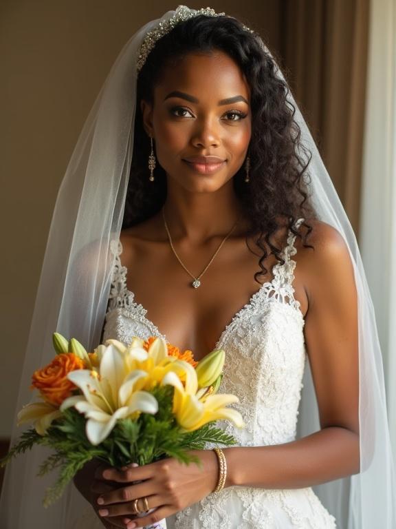Photograph of a young Black woman in a wedding dress holding a bouquet of flowers. The bride has medium brown skin tone and curly, shoulder-length hair. She wears a lace wedding dress with low neckline and translucent veil. Bouquet contains yellow and orange flowers, white lilies, and green leaves. Expression is neutral with direct gaze. Background is softly lit and out of focus.
