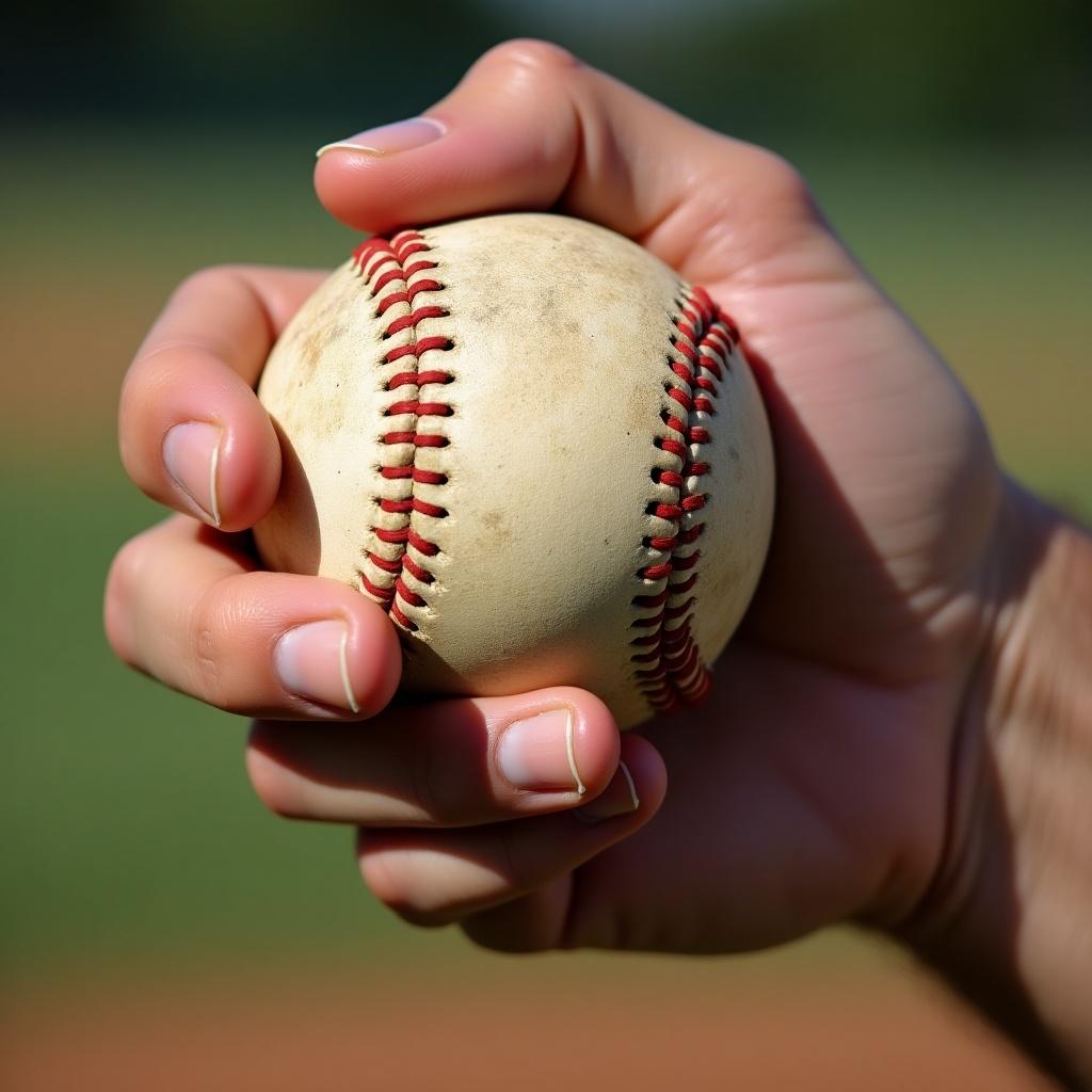 A hand gripping a worn baseball in preparation for a pitch.