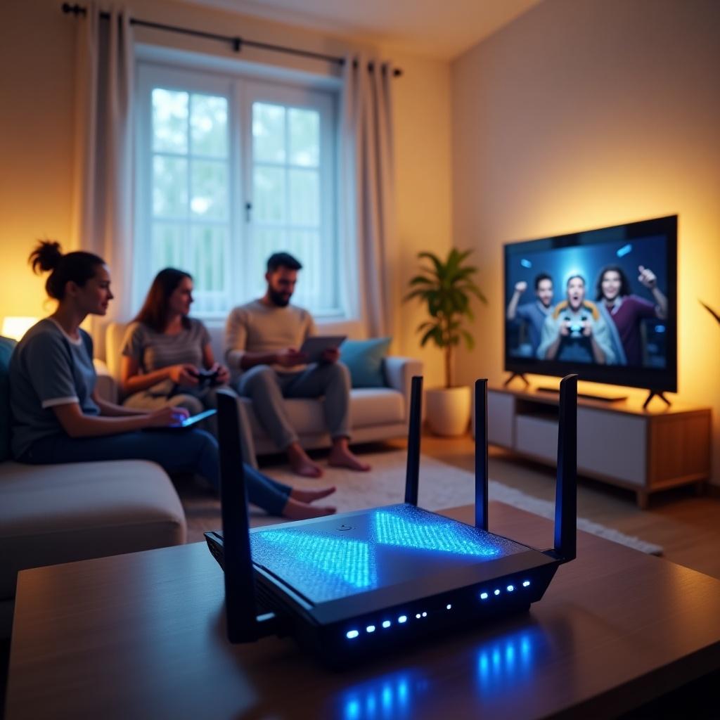 Image of a modern living room with a family engaged with various devices connected to a stable WiFi network: a mother using a laptop, a child playing video games, and a father watching a movie on a Smart TV. A modern router with bright blue lights symbolizes strong connectivity. The environment is clean and technological, displaying warm colors and elements of comfort and technology.