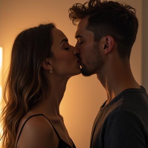 A romantic scene features a couple leaning into a kiss at home. The setting is cozy with soft lighting illuminating their faces. The picture captures the moment just before their lips meet.
