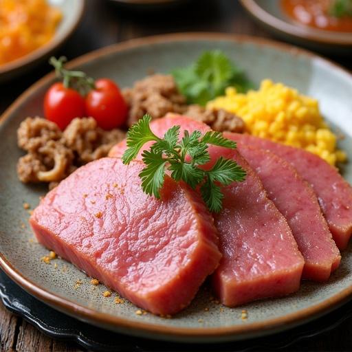 A plate includes slices of pink meat with green garnish, yellow rice, red tomatoes, and brown meat, beautifully arranged.