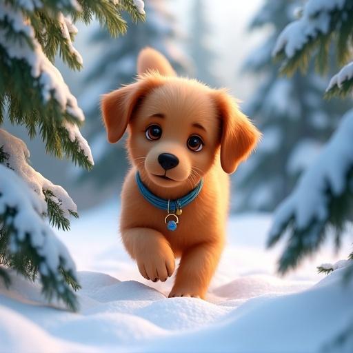 A golden retriever puppy with warm brown eyes walks in the snow between trees. The puppy pushes through low pine branches in a snowy landscape.
