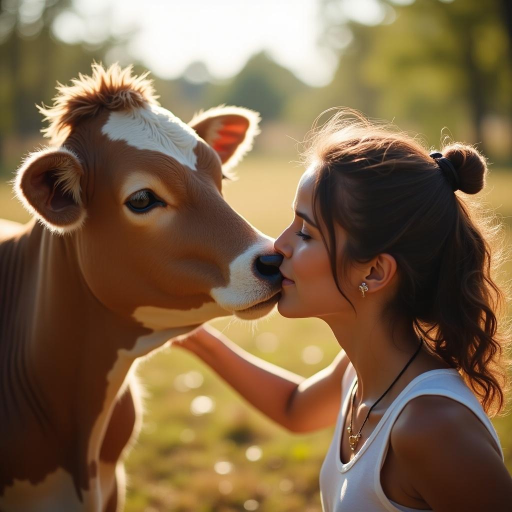 A woman is gently kissing a cow on its forehead in a warm, sunny setting. The scene is filled with soft sunlight, which creates a peaceful atmosphere. The woman has a joyful expression, showcasing a strong bond with the cow. The cow looks calm and affectionate, adding to the heartwarming moment. This image captures the essence of farm life and the beauty of human-animal relationships.