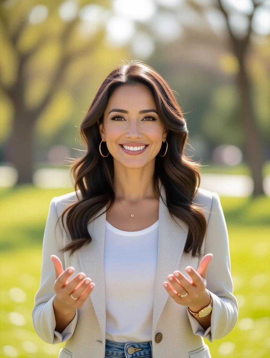 High-quality portrait of a 40-year-old Mexican woman in the park. Full body shot with hands in a speaking position. Dressed casually in a spring-inspired style.
