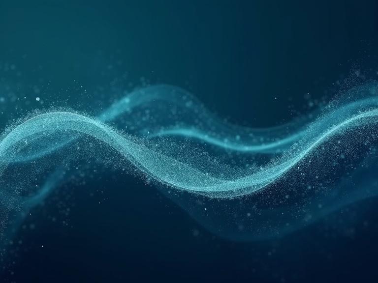Soft abstract wave of thin teal particles on deep indigo. Flowing from left to right with subtle halftone grain. Designed for loop-ready animations.