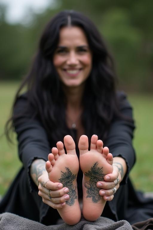 Mature goth woman has long black hair. She shows tattooed soles of her bare feet. She sits on a blanket outside. She smiles.