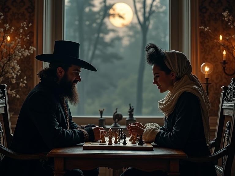 Photo scene from a fairy tale with a man in a black baroque costume and a young noblewoman playing chess. They sit relaxed against a gloomy background with an ominous moonlight illuminating a dimly lit room.
