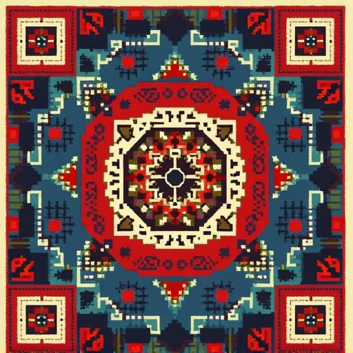 Create a QR code using traditional rug patterns. The QR code should lead to a specific website when scanned. It features intricate geometric designs and vibrant colors.