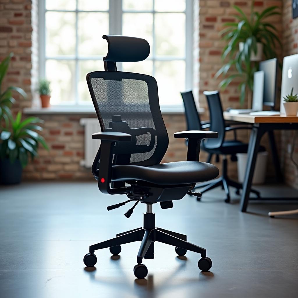 An office chair designed to harvest energy from vibrations. It features a sleek design with a mesh back. Surrounded by a modern office environment with natural lighting. Includes plants and computer desks in the background.