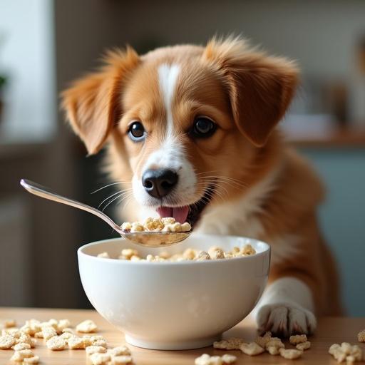 A dog enjoying cereal with a spoon. The dog has a happy expression. The bowl of cereal is large and filled with pieces. The setting is a cozy kitchen with soft lighting.