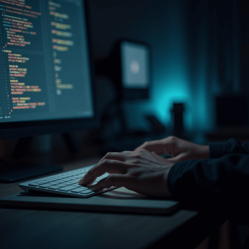 A person types on a keyboard in a dimly lit room with a large monitor displaying colorful code.