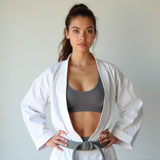 A young woman wearing a karate gi poses victoriously. The karate jacket is open with a grey sports bra visible. The woman has impressive abs and a toned body. Hair is tied back in a ponytail. The background is a plain light-colored wall.