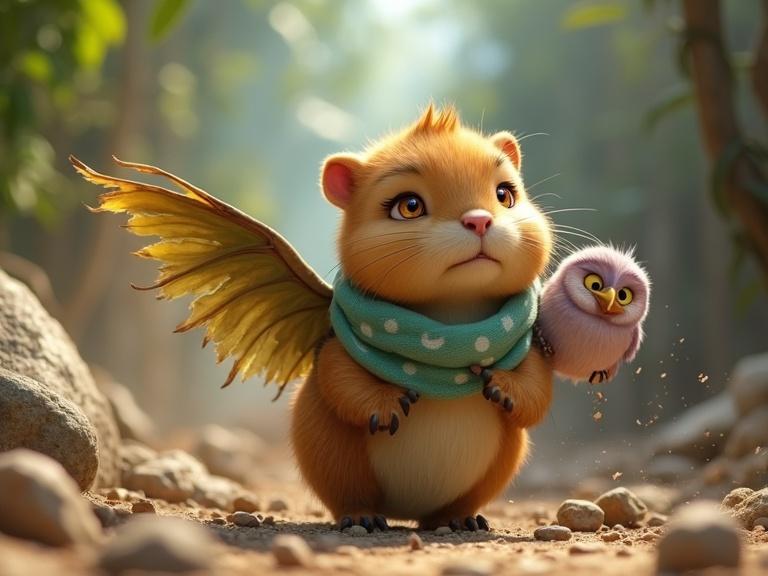 A small adorable capybara with golden-brown fur and big hazel eyes rescues an injured lavender owl in a collapsing jungle. Capybara has broken leaf wings and a teal scarf. She exhibits determination and courage. The scene conveys danger with debris falling around them.