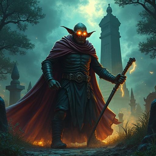 An old powerful wizard stands in a graveyard. Low angle shot captures an angry goblin sorcerer. Character wears leather armor with glowing lightning eyes. Background features swirling clouds and a black obelisk. Comic-book style art with bold lines and contrast. Anime-inspired colors enrich the scene. Soft bokeh effects enhance the eerie glow with light and shadow contrasts. Rich colors and deep shadows create an intense atmosphere.