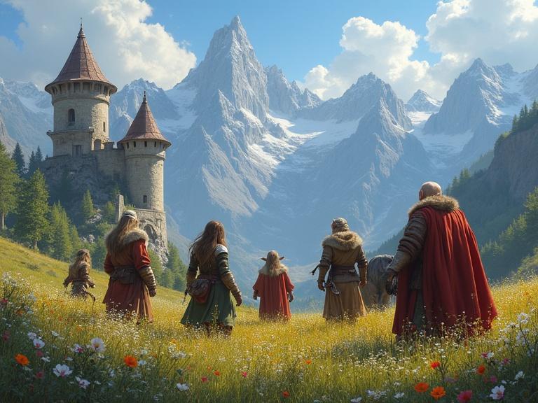 Dwarves and elves in a meadow with flowers. Background features mountains and an old castle.