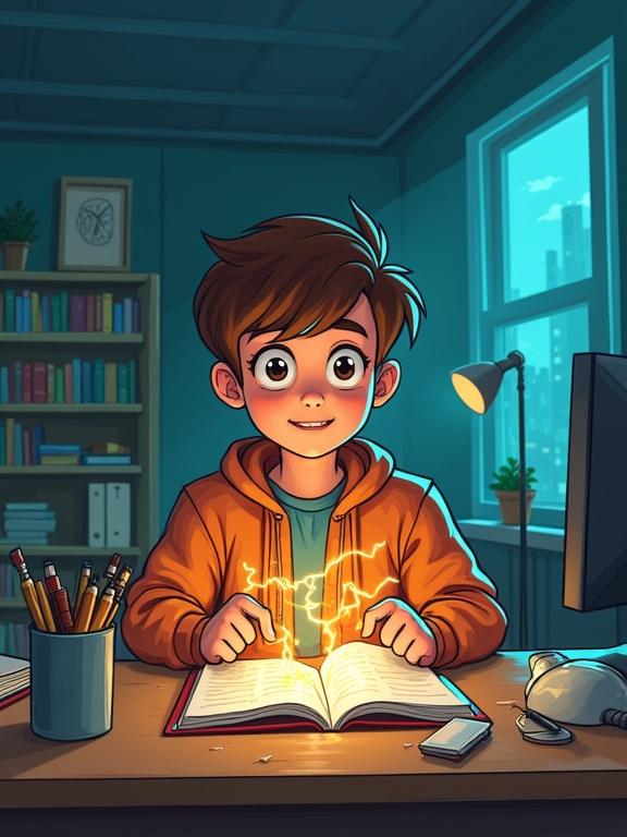 Cartoon image of a student engrossed in studying electricity at a desk. The scene shows a boy with an excited expression, an orange hoodie, a glowing book, and a cozy study environment.