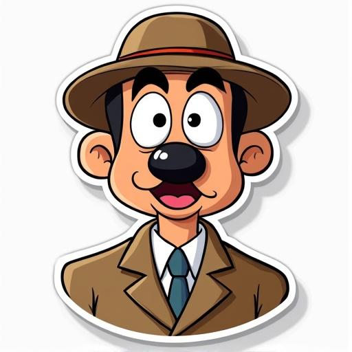Cartoon version of inspector Clouseau as sticker amazed expression classic clothes colorful illustration engaging marketing design applications
