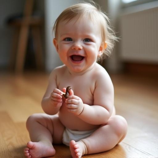 A tiny smiling baby ten months old sits on a hardwood floor. The baby is happily eating a small earthworm. Soft natural light illuminates the scene. Focus on the baby's joyful expression.